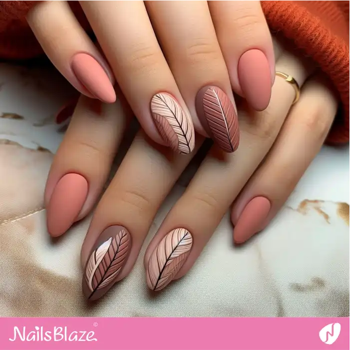 Peach Fuzz and Marsala Nails with Leaf Design | Nature-inspired Nails - NB1664